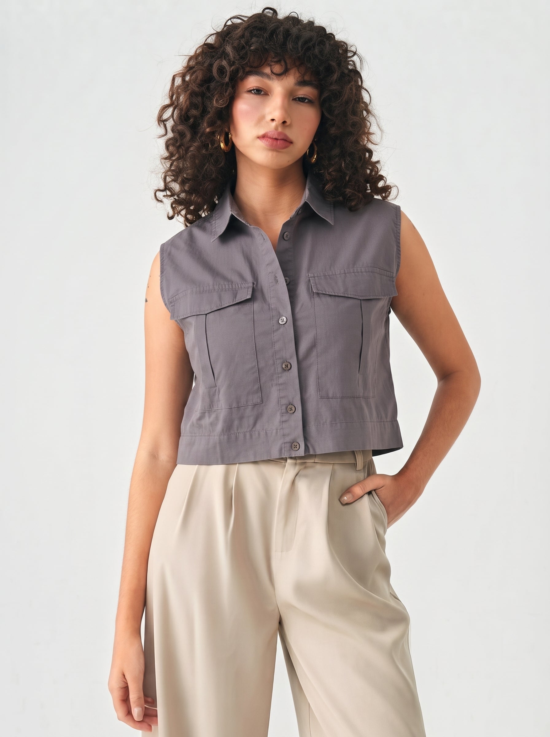Women Sleeveless Crop Shirt