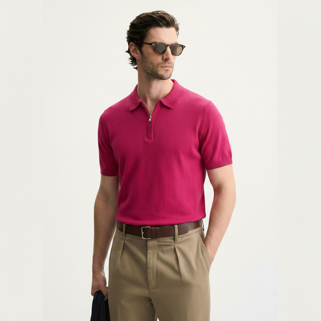 Men Knitted Quarter_Zip Polo Shirt (Burgundy)
