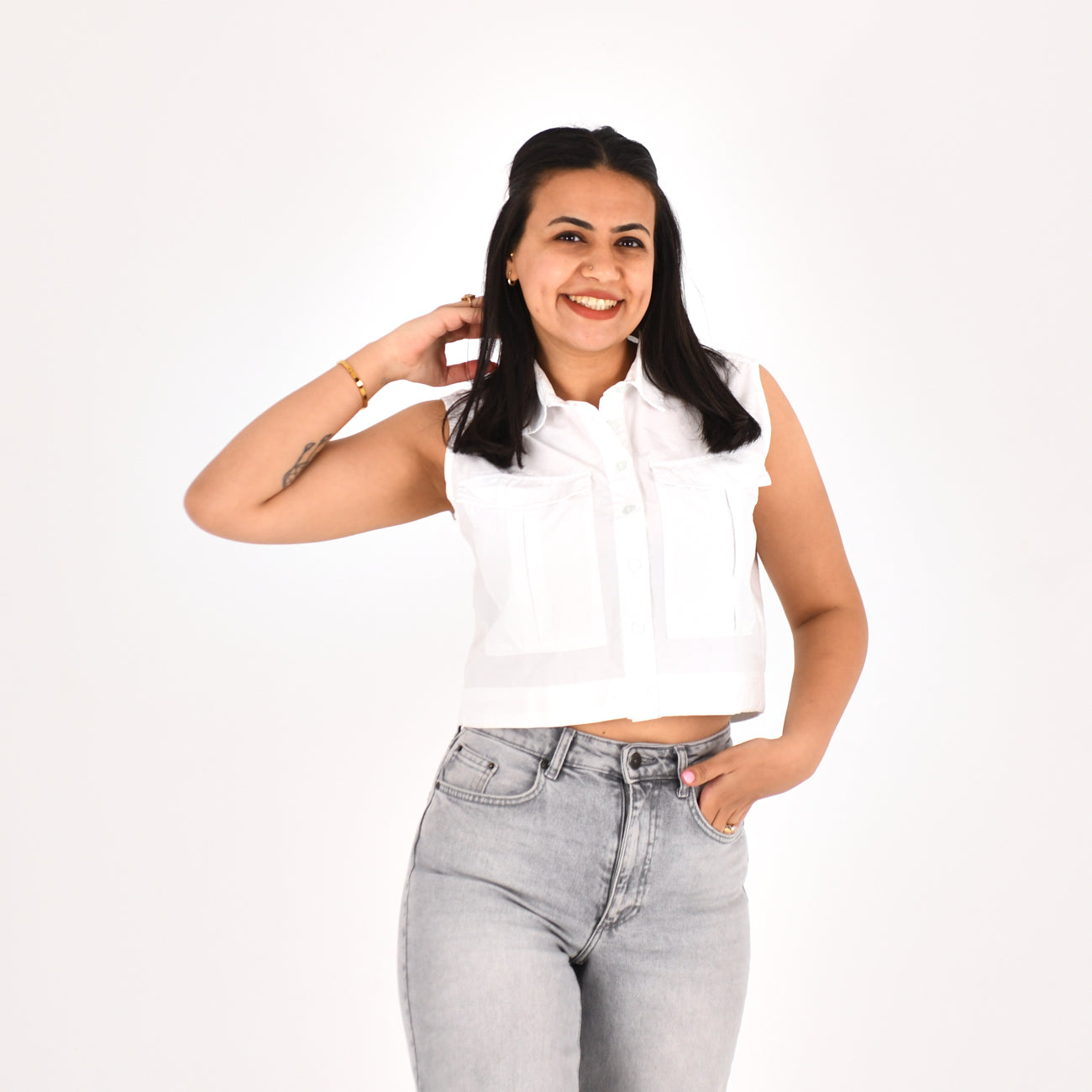 Women Sleeveless Crop Shirt H&M ( White)