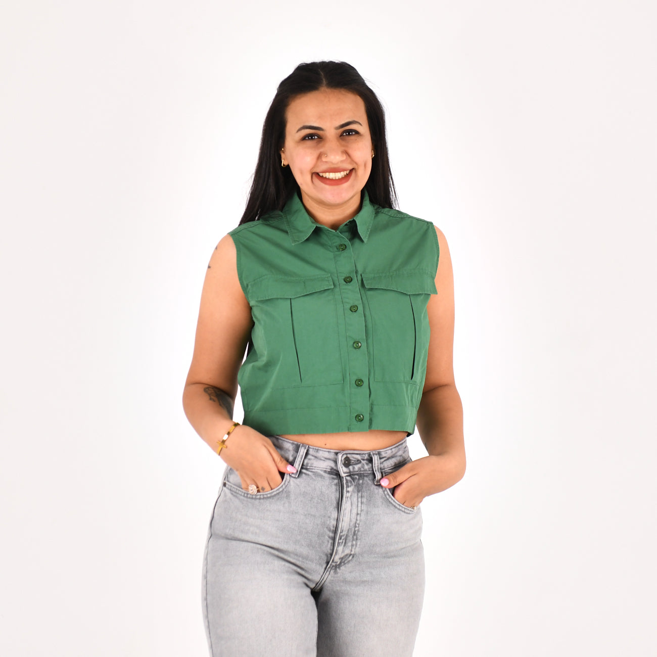 Women Sleeveless Crop Shirt H&M ( Green)
