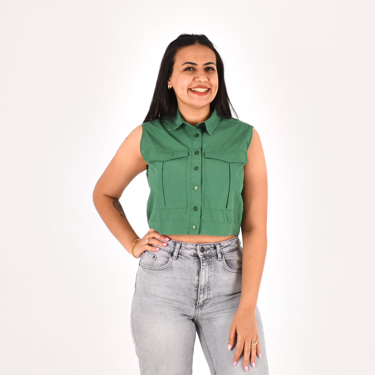 Women Sleeveless Crop Shirt H&M ( Green)