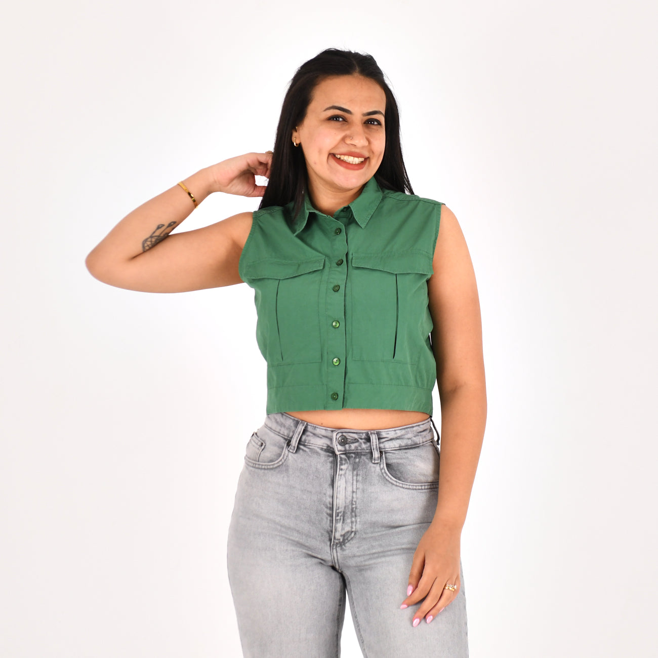 Women Sleeveless Crop Shirt H&M ( Green)