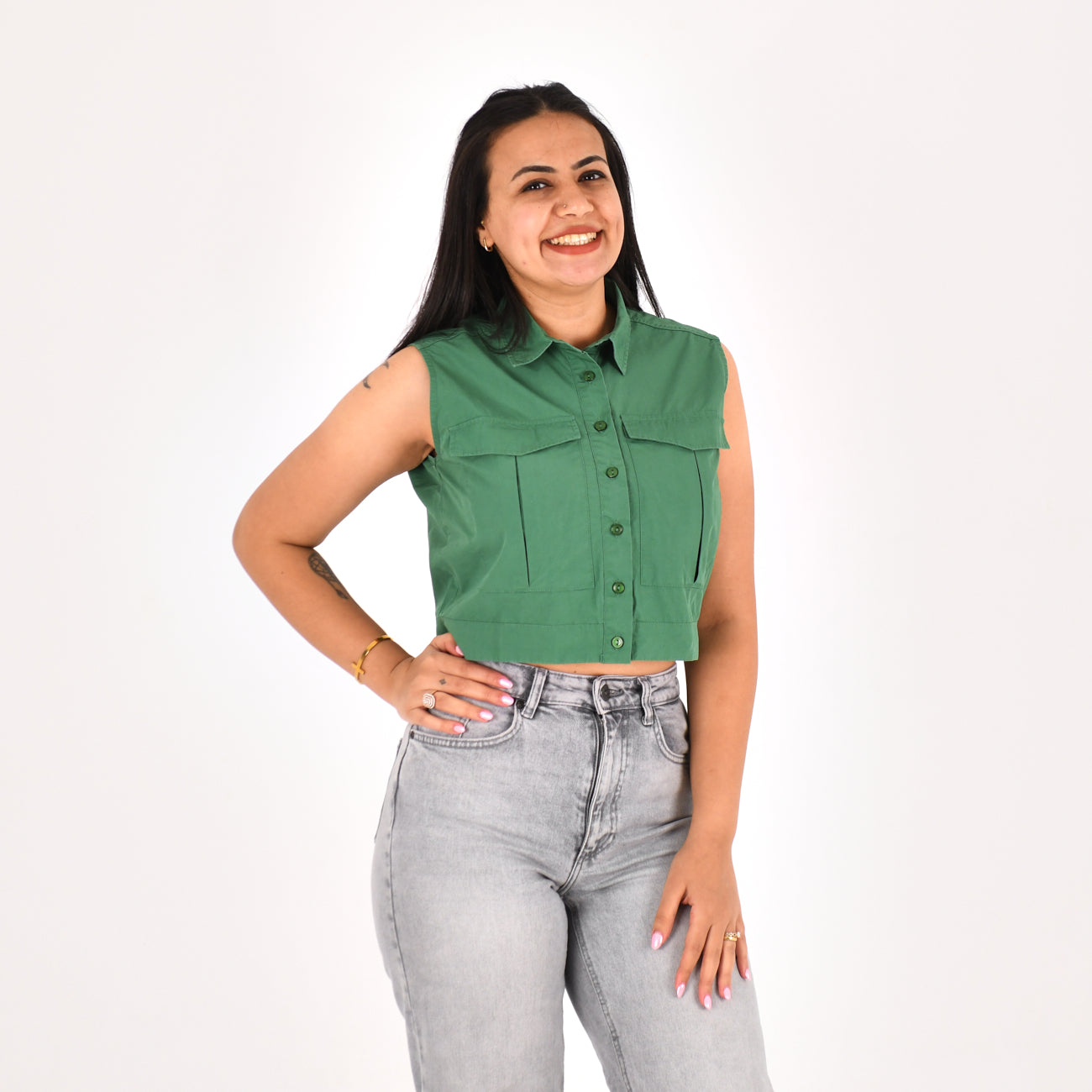 Women Sleeveless Crop Shirt H&M ( Green)