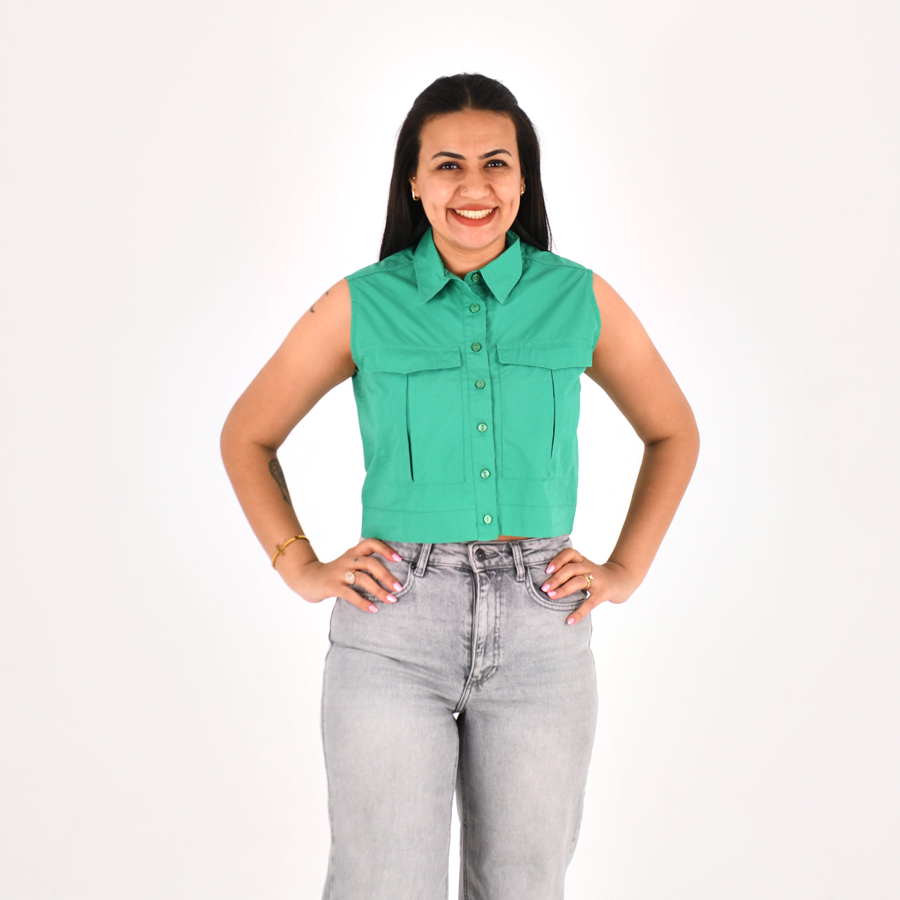 Women Sleeveless Crop Shirt H&M ( Green)