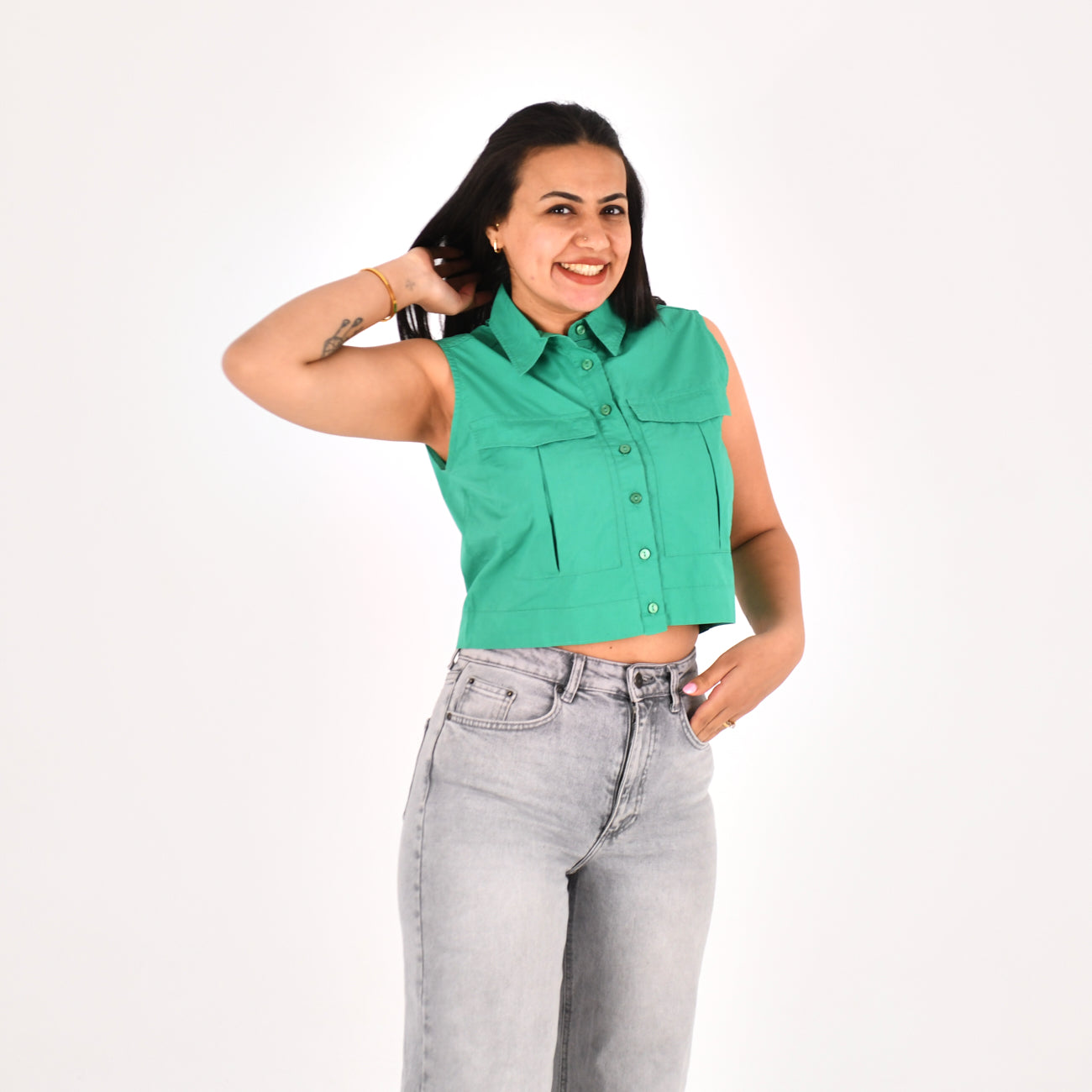 Women Sleeveless Crop Shirt H&M ( Green)