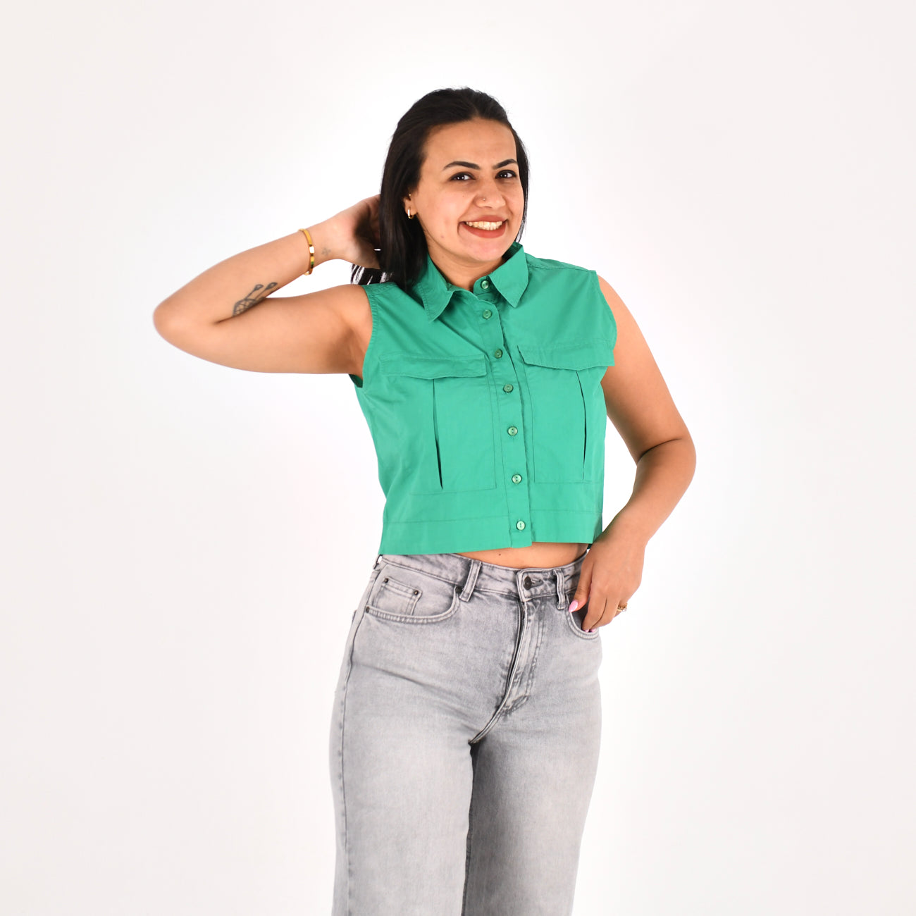 Women Sleeveless Crop Shirt H&M ( Green)