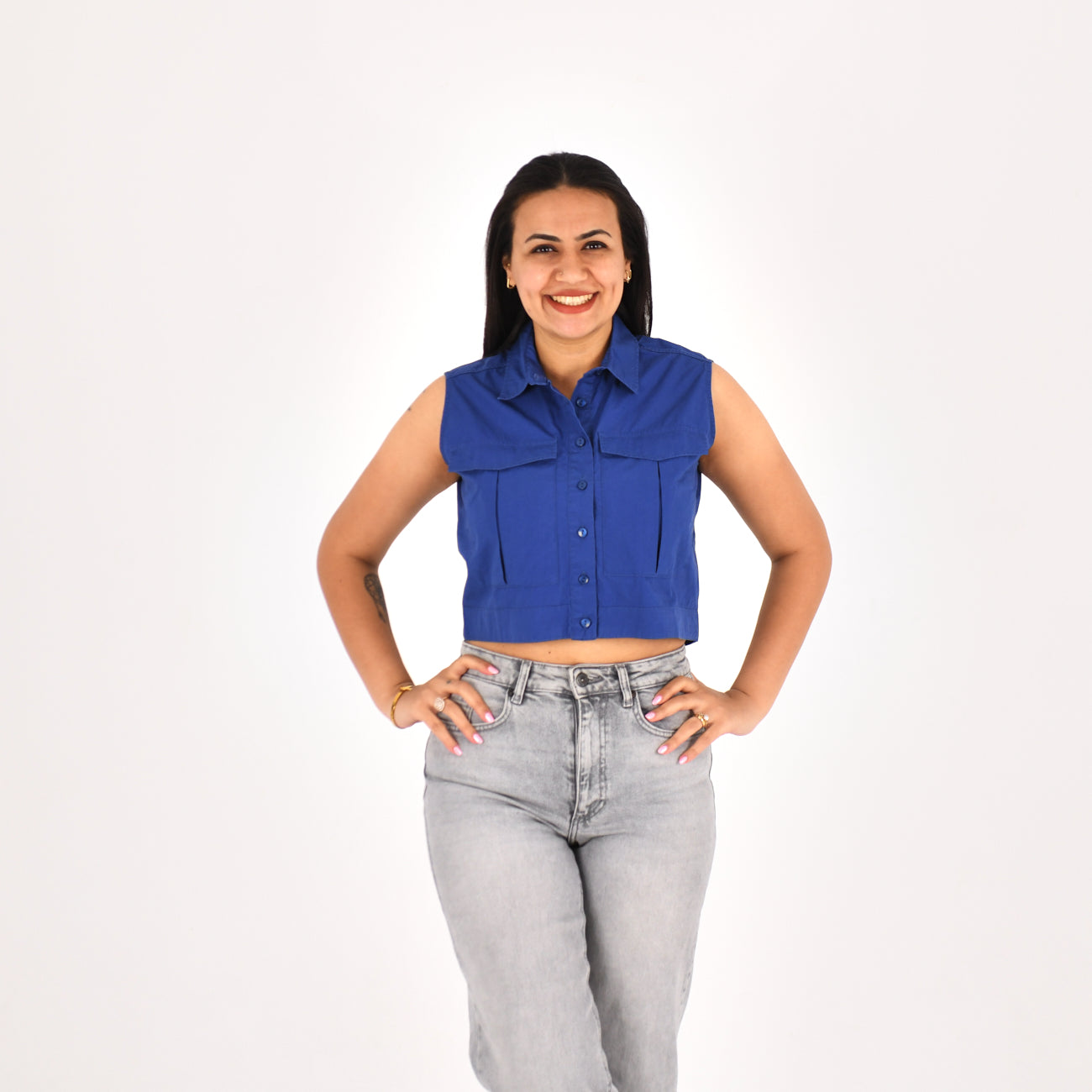 Women Sleeveless Crop Shirt H&M ( Blue)