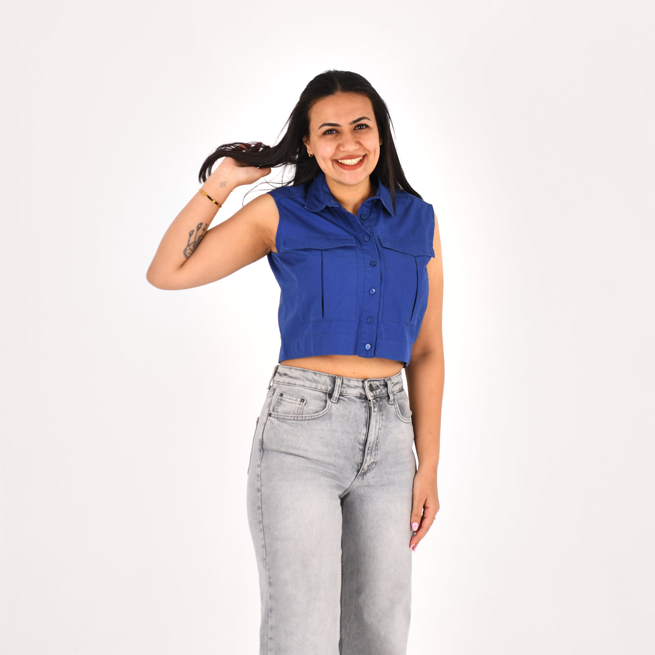 Women Sleeveless Crop Shirt H&M ( Blue)
