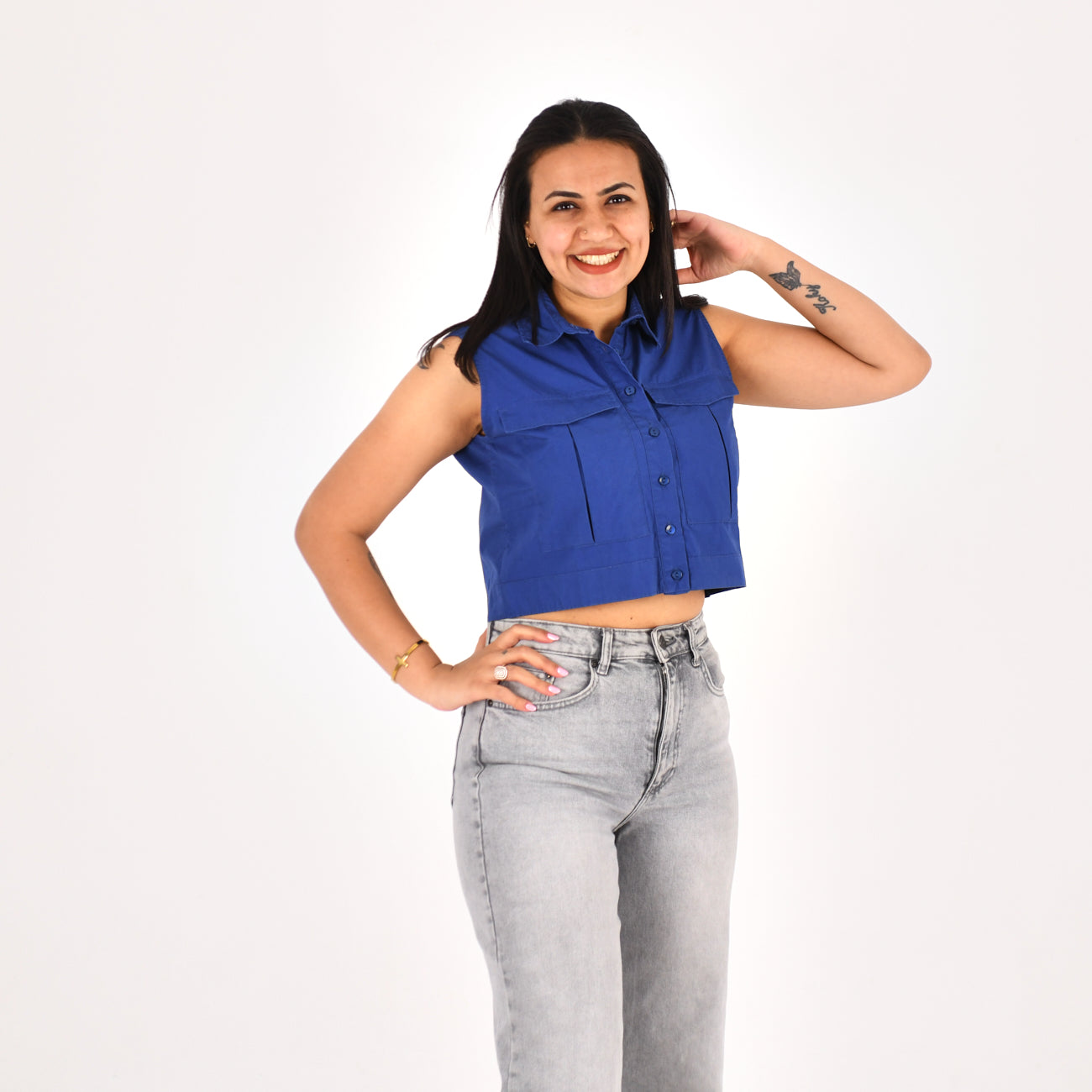 Women Sleeveless Crop Shirt H&M ( Blue)