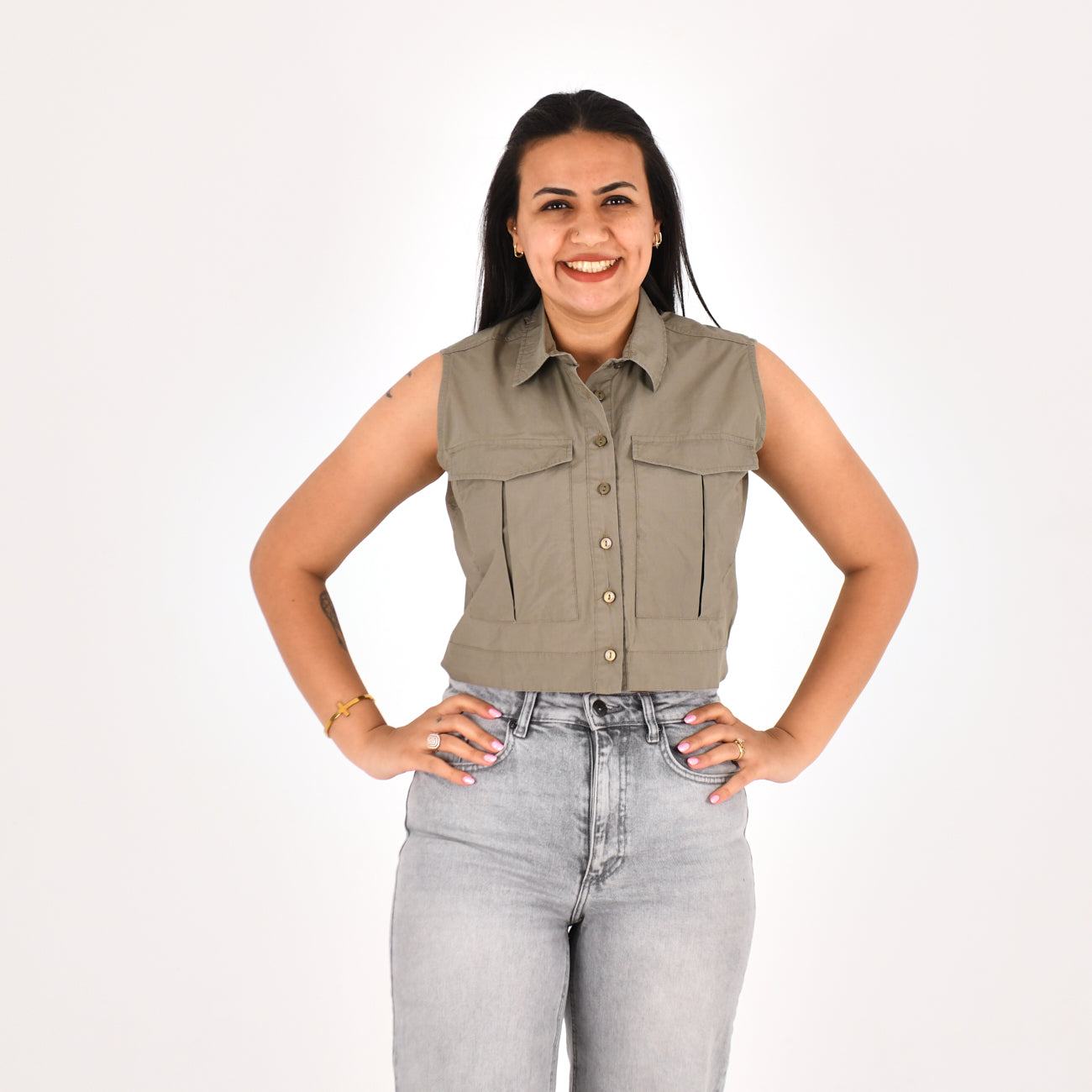 Women Sleeveless Crop Shirt H&M ( Olive)
