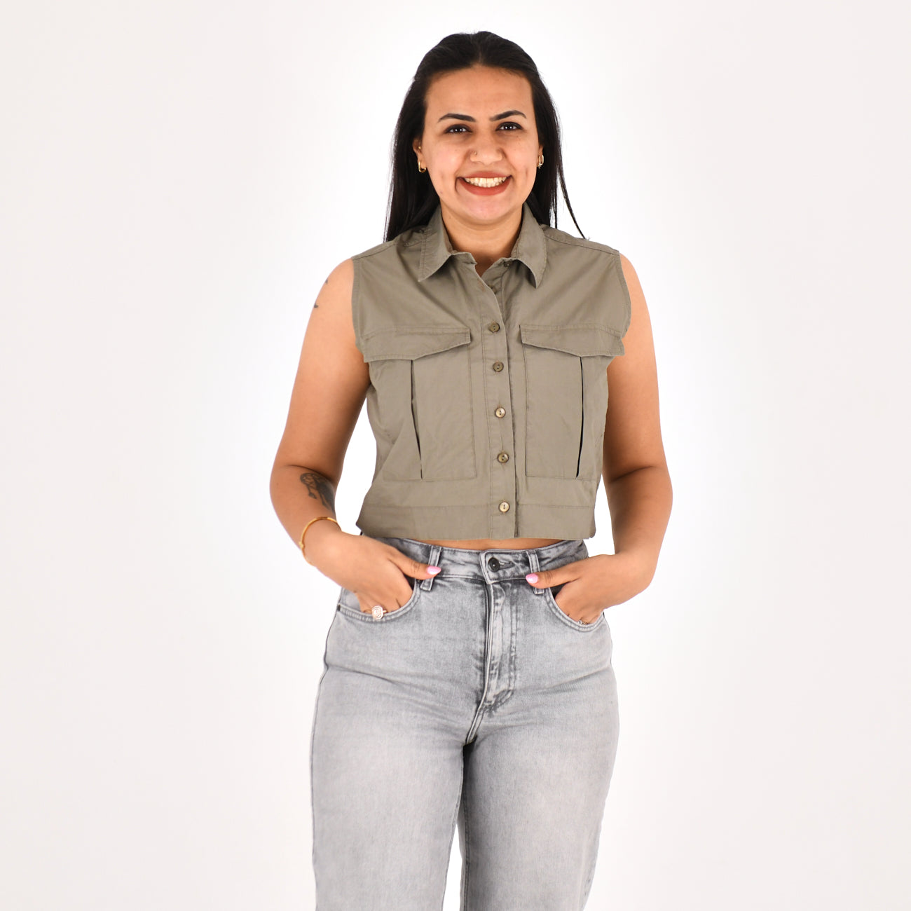 Women Sleeveless Crop Shirt H&M ( Olive)
