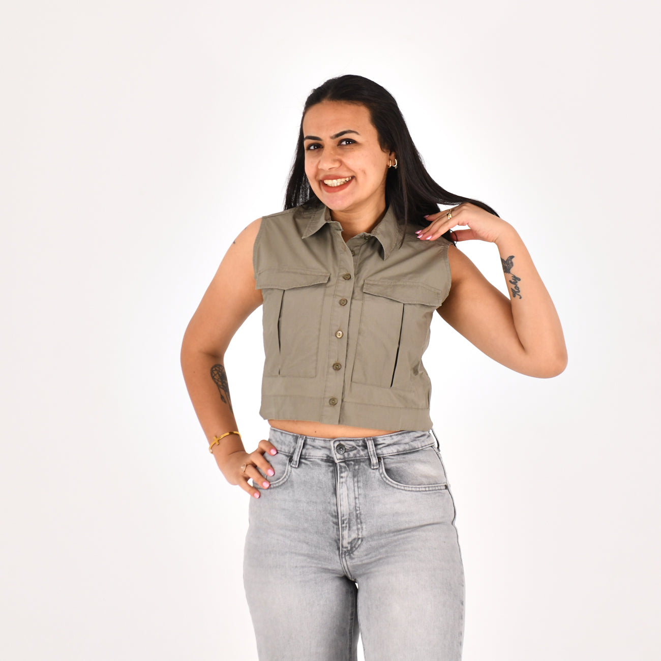 Women Sleeveless Crop Shirt H&M ( Olive)