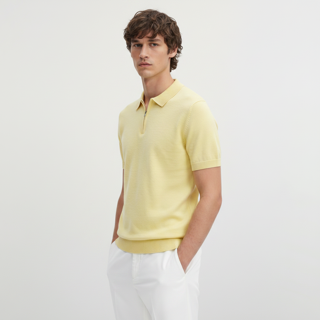 Men Knitted Quarter-Zip Polo Shirt (Yellow)