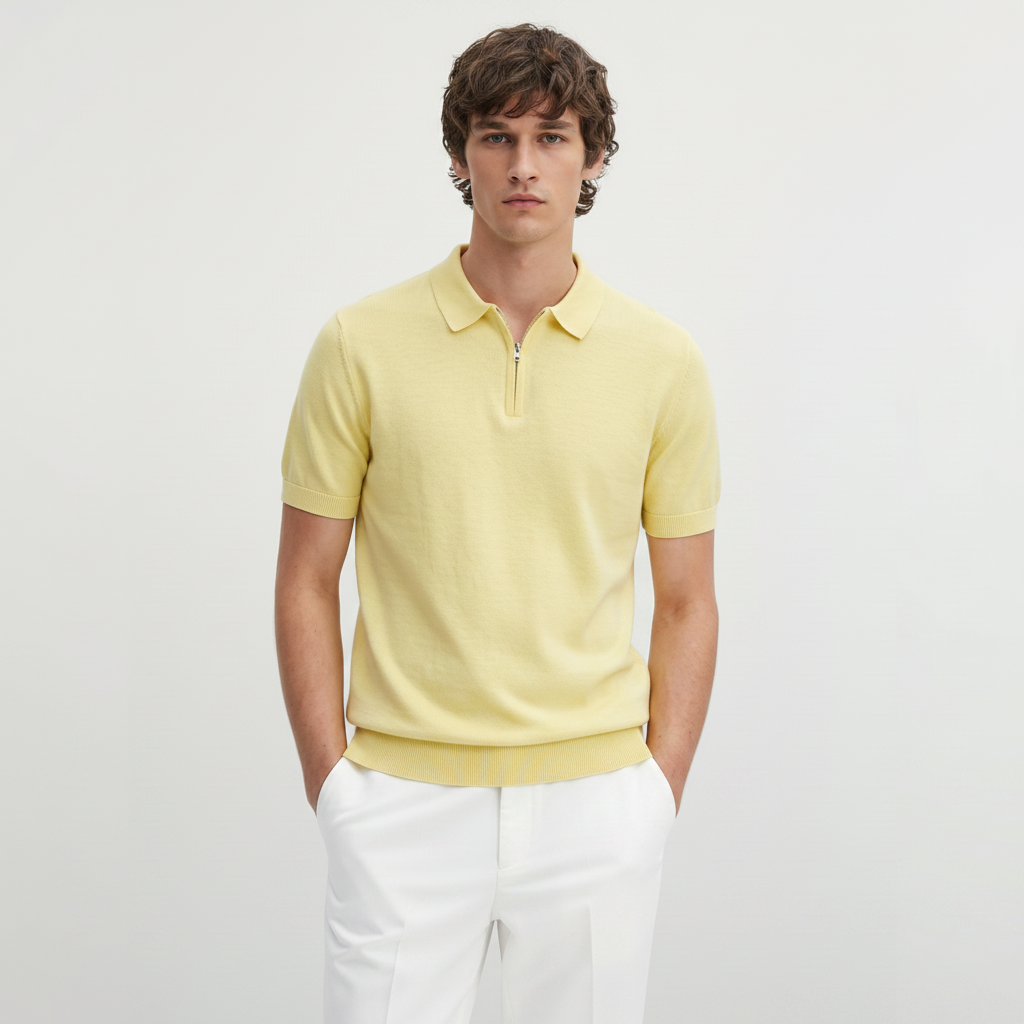 Men Knitted Quarter-Zip Polo Shirt (Yellow)