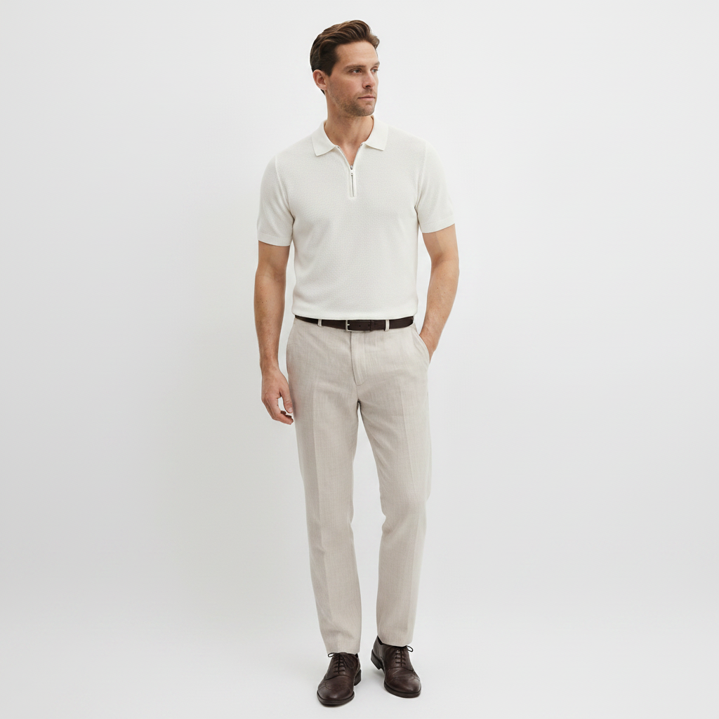 Men Knitted Quarter_Zip Polo Shirt (White)