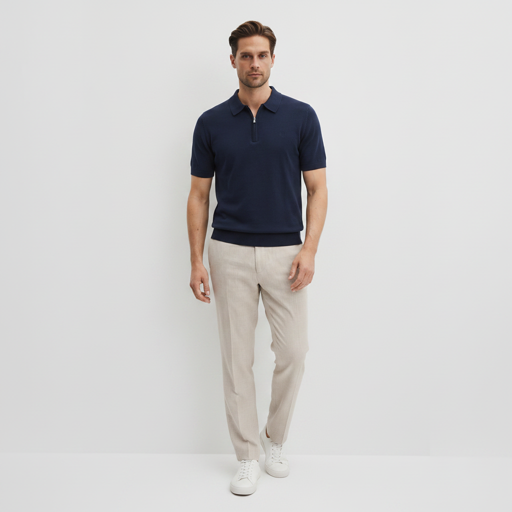 Men Knitted Quarter_Zip Polo Shirt (Dark Blue)
