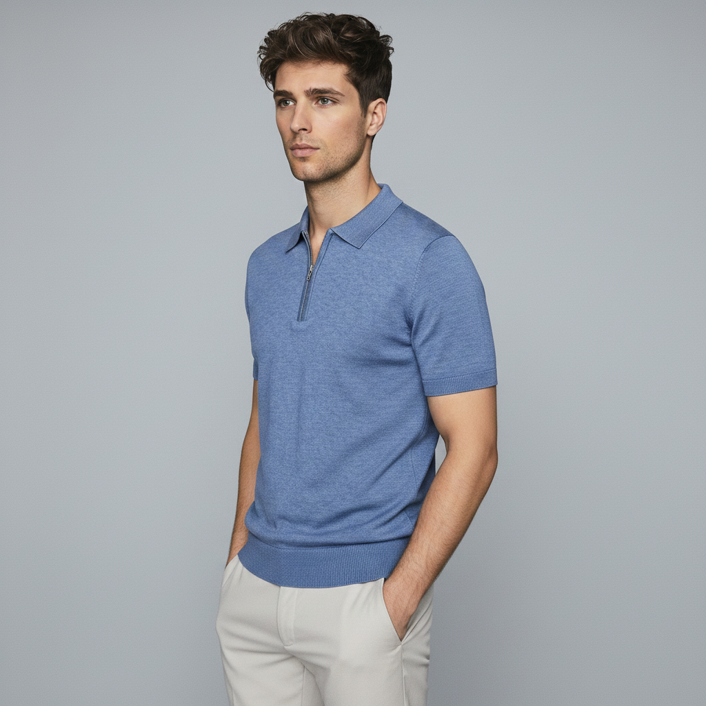 Men Knitted Quarter_Zip Polo Shirt (Blue)