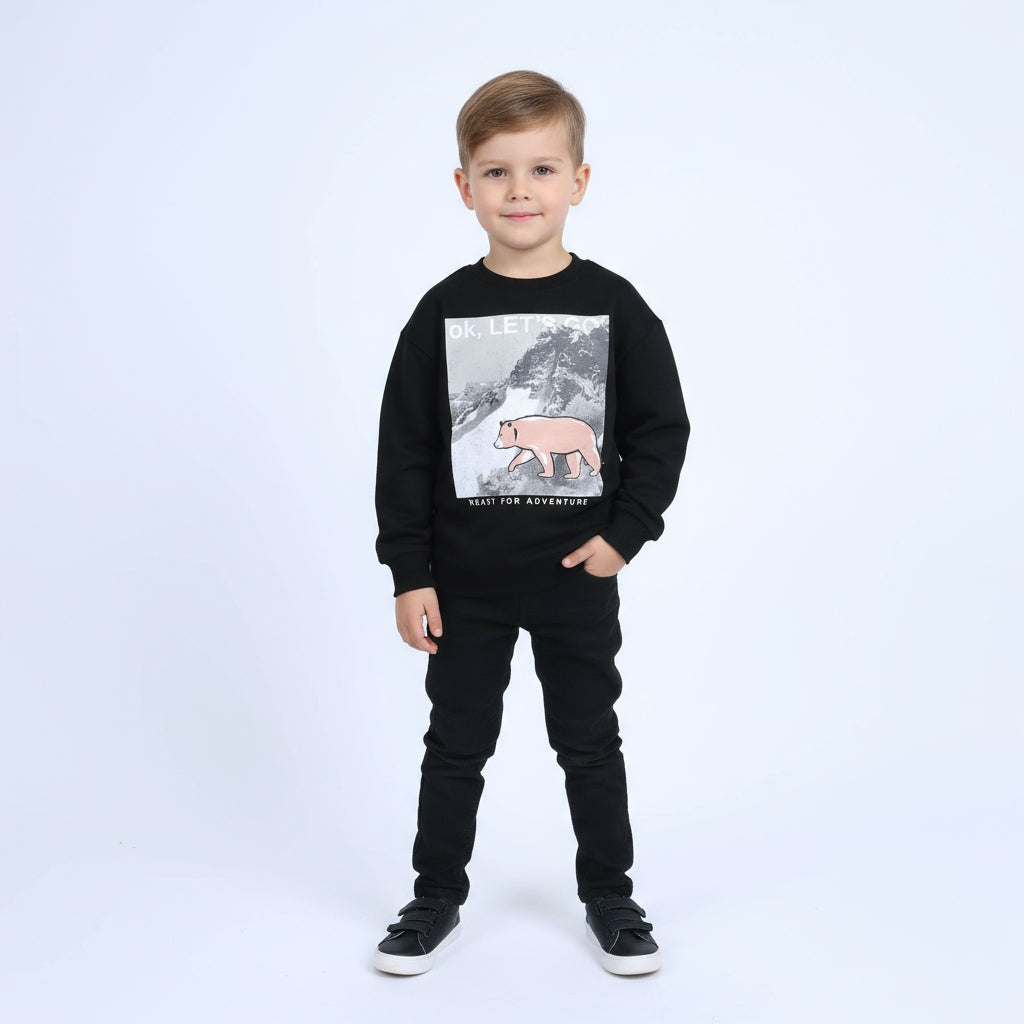 Boys Crew Neck Printed Padded Melton (Black)