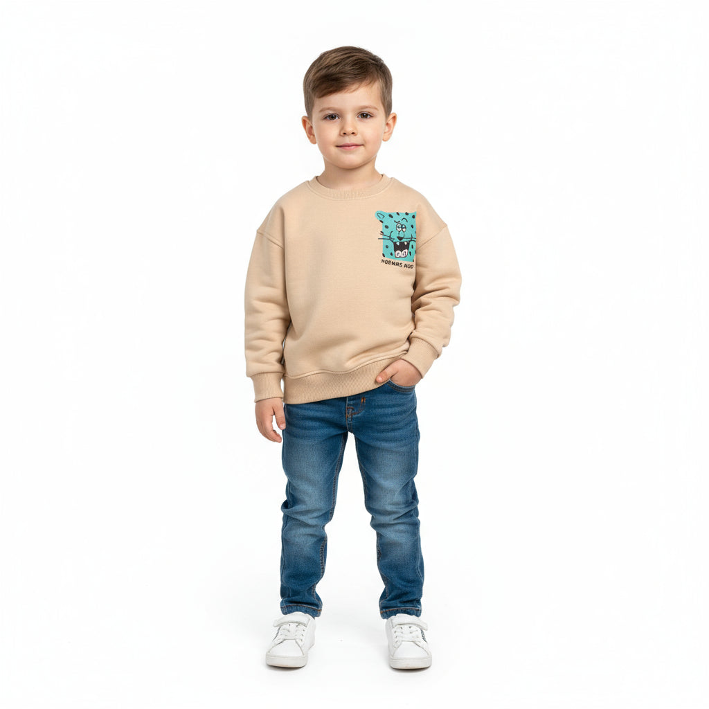 Boys Crew Neck Printed Padded Melton (Beige)