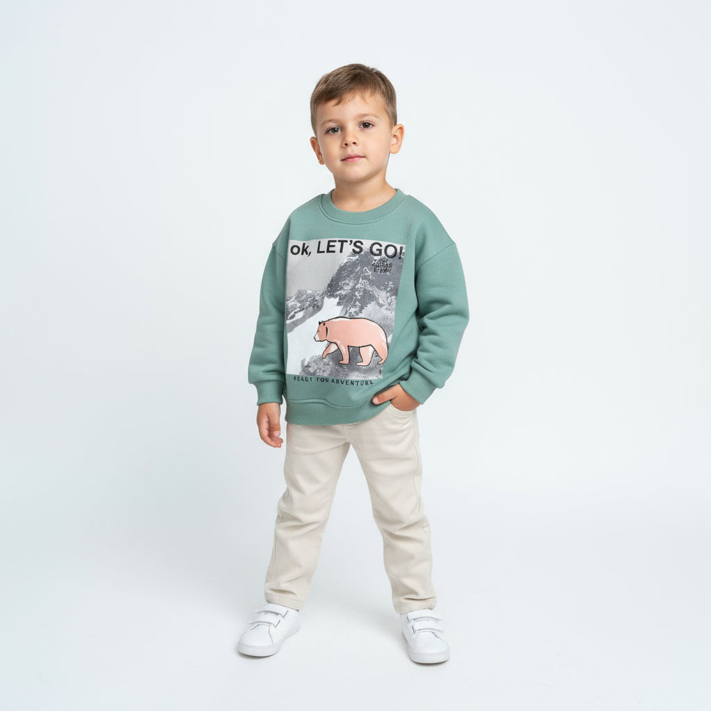 Boys Crew Neck Printed Padded Melton (Light Green)