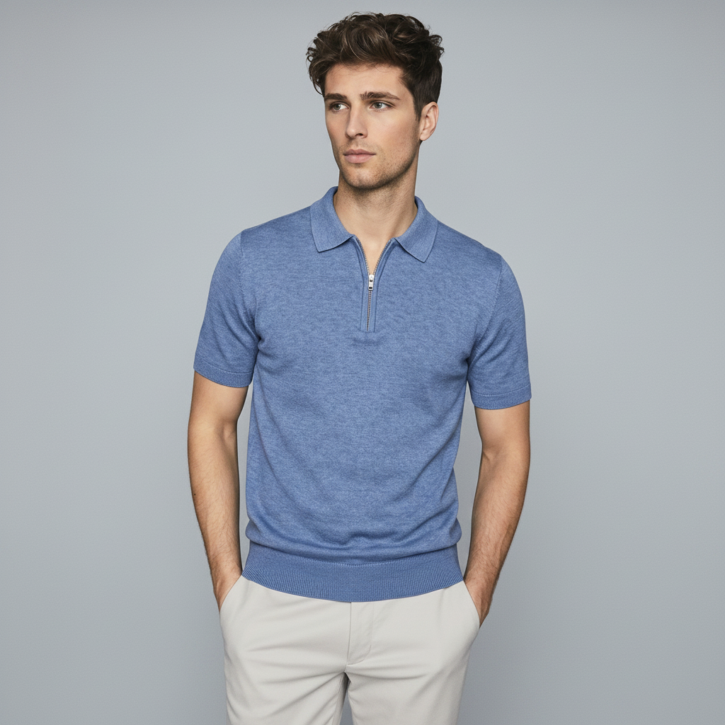 Men Knitted Quarter_Zip Polo Shirt (Blue)