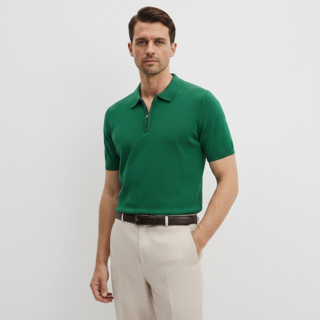 Men Knitted Quarter_Zip Polo Shirt (Green)