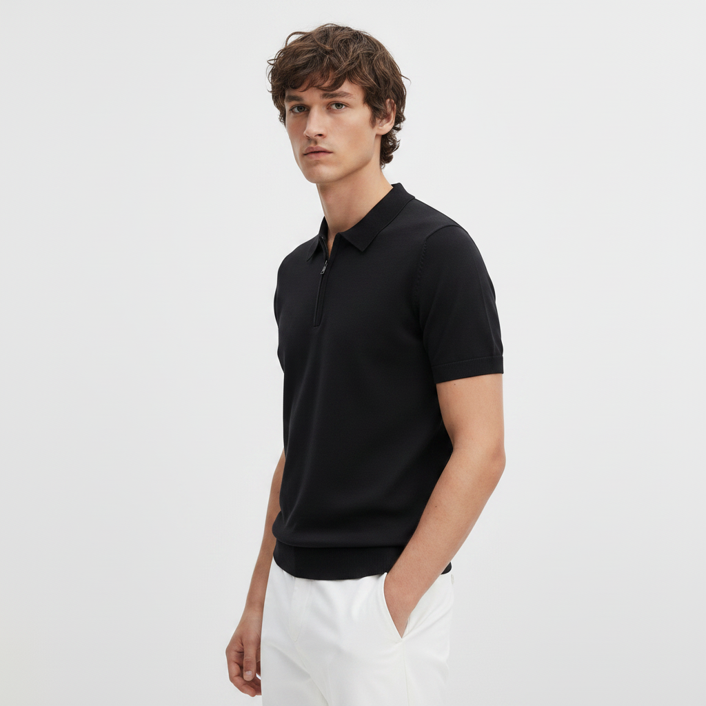 Men Knitted Quarter_Zip Polo Shirt (Black)