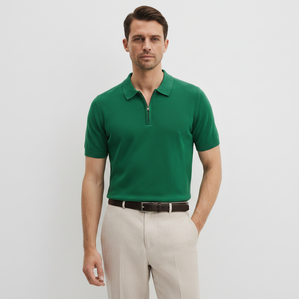 Men Knitted Quarter_Zip Polo Shirt (Green)